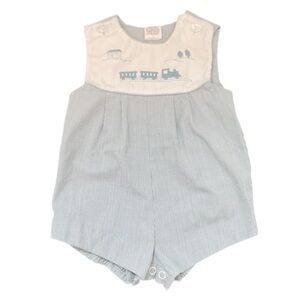 Vintage Baby Blue Striped Romper with Train Embroidery - 3-6M